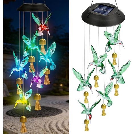 2 Pièces Solaire Carillon a Vent Exterieur, Carillons Éoliens Solair avec LED Colibri, Étanche pour Jardin Terrasse Patio Cour, Décoration Suspendue Lumineuse, Idéal Cadeau Maman Fête Noël (1/5)