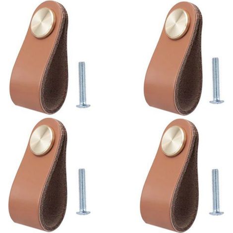 Lot de 4 poignées meuble cuir marron vintage — boutons tiroir/porte (64 mm) (1/5)