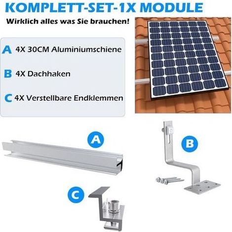 1 Kit De Montage Solaire, Rail Aluminium, Crochet Toit Tuiles, Pince Réglable 30-35mm, Pour Panneau Photovoltaïque (1/5)