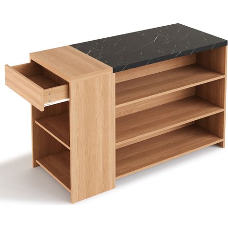 Îlot de cuisine 140×60×90,5 étagères,tiroir caché décor chêne marbre noir
