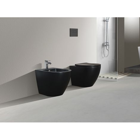 NALA Set Sanitari a terra filo muro senza brida - RIMLESS, linea tonda colore nero opaco coprivaso soft-close (1/5)