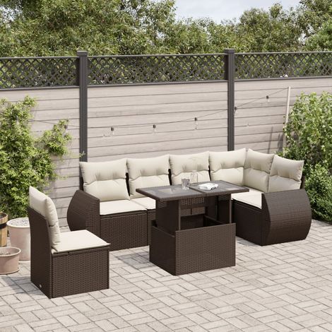Salon de jardin 7 pièces avec coussins, résine tressée marron et table relevable - PANGIVO (1/5)