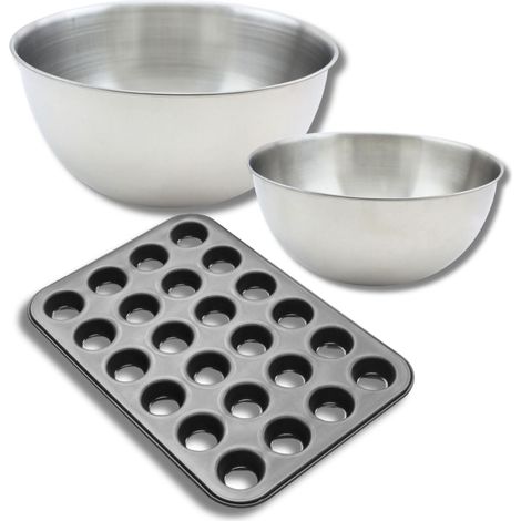 Ensemble comprenant 1 moule muffin 24 empreintes, 1 spatule Zenker et 2 bols à mixer en inox Fackelmann (1/5)