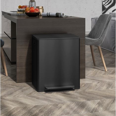 Cubo de basura con pedal 2 x 25 L de acero inoxidable, cierre suave, negro DESVIAE (1/5)