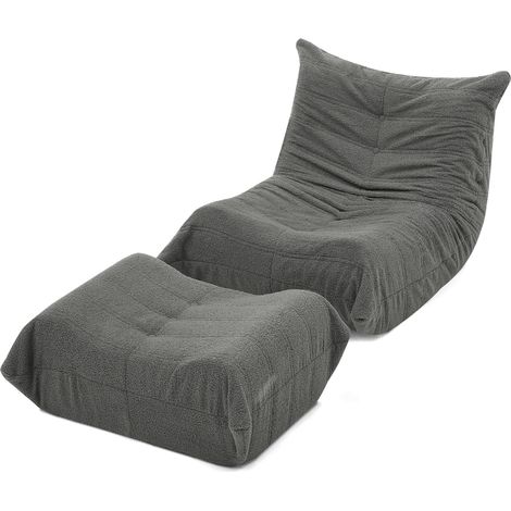 Fauteuil pouf relax en Teddy avec dossier et repose-pieds gris pour salon et chambre (1/5)