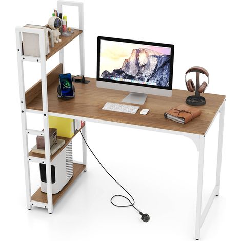 COSTWAY Computer Desk 120 CM Study Writing Desk with Power Strip-Natural (1/5)