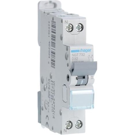 Hager – Disjoncteur unipolaire 32A – Courbe D – Pouvoir de coupure 10kA – Bornes décalées à vis – 1 module – Tension 220V (1/4)