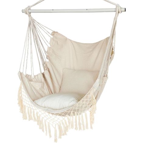 Chaise hamac, siège Suspendu avec 2 Coussins, Chaise Suspendue en macramé avec Poche latérale et Tige métallique à Haute capacité de Charge, pour l'intérieur et l'extérieur. (1/5)