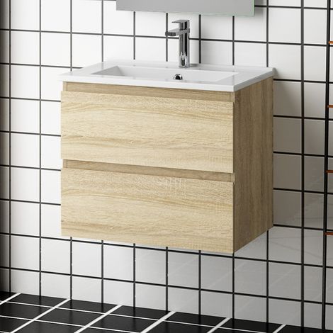 Meuble salle de bain 50x38.5x45cm 2 tiroirs meuble suspendu avec la vasque couleur bois (1/4)