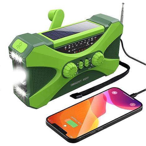 Radio d'urgence 10 000 mAh avec double haut-parleur stéréo, alimentation solaire, manivelle, radio AM/FM/NOAA, chargeur de téléphone, lampe torche LED, lampe de lecture et alarme.