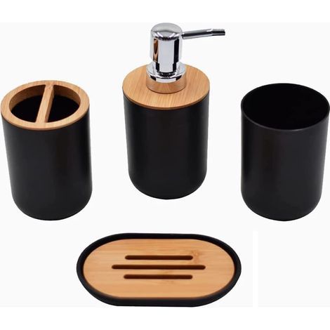 Lot de 4 Ensemble d'accessoires de Salle de Bain en Bambou - Bouteilles de Lotion, Porte-Brosse à Dents, Tasse à Dents, Porte-Savon (1/4)