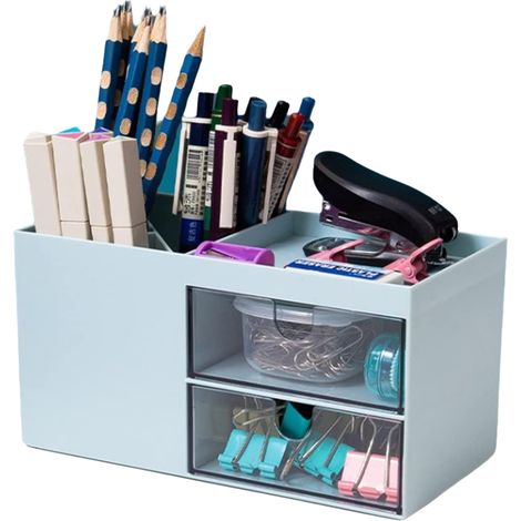 Organiseur De Bureau - 2 Tiroirs Transparent + Porte-Stylo 3 Compartiments - ABS Non Toxique - 17,6 X 9 X 9,2 Cm - 1 Pièce (1/5)