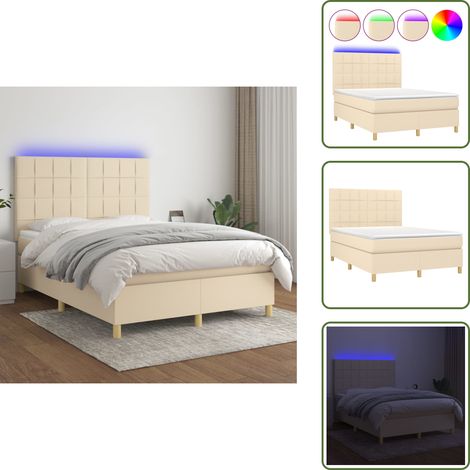 Cama con cabecero ajustable - vidaXL Cama box spring colchón y luces LED tela crema 140x190 cm - Colchón ensacado