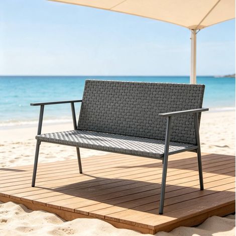 Banc de jardin 2 places 110x58x78 cm en résine tressée gris, moderne pour terrasse FloraGrace (1/5)