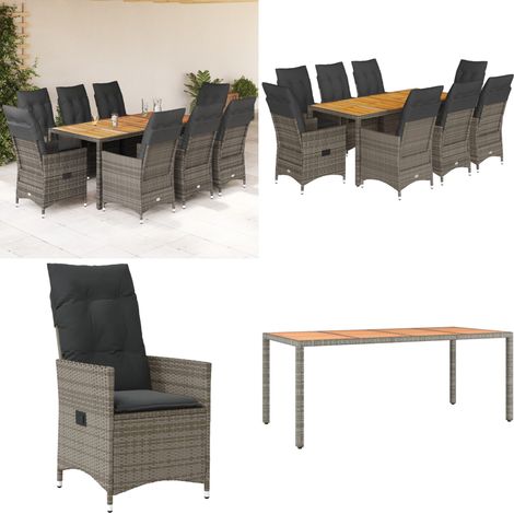 Set da Pranzo da Giardino 9 pz con Cuscini in Polyrattan Grigio - Sedie da giardino reclinabili - Tavolo da giardino
