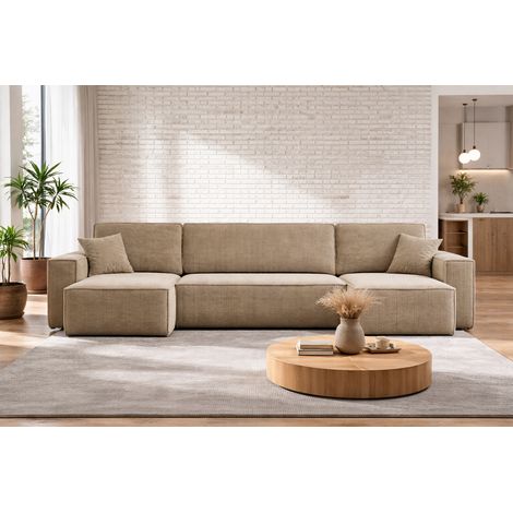Divano angolare a U CARLOS U trasformabile – Beige, grande formato, funzione letto, vano contenitore XXL, angolo universale sinistro/destro