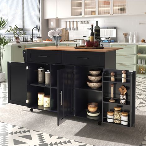 Carrito de cocina, aparador negro con ruedas, encimera de madera maciza y encimera abatible, patas de madera maciza (1/5)