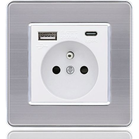 Panneau de prises USB et type-C 16A – 2 prises + 1 port USB + 1 port type-C – Acier inoxydable avec coins ronds – Installation facile – - USB16A (1/5)