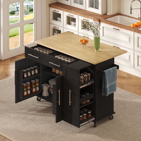 Carrello da cucina pieghevole, 3 livelli, 2 cassetti, ruote, nero e naturale DESVIAE (1/5)