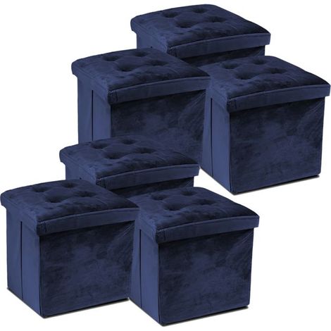 Pouf de rangement pliable - JUANIO - Lot de 6 - Velours bleu - Couvercle amovible - 38×38×38 cm (1/4)