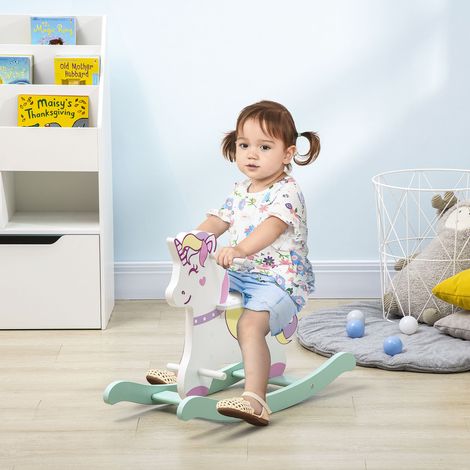 Cheval à bascule pour enfants de 1 à 3 ans avec poignées - 68L x 27D cm - cheval à bascule avec dossier et pédales en MDF - Bleu Rose Blanc