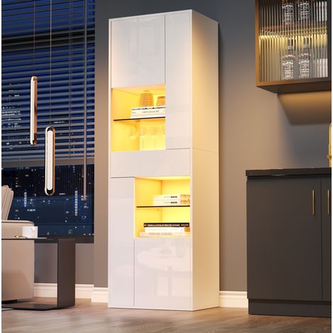 Vitrine 55x38x170 cm blanche en panneaux de particules avec LED, façade brillante et rangements modulables (1/5)