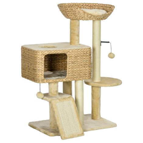 Katzenbaum 98 cm mit 2 Liegeplattformen, Sisal Katzenmöbel in Beige mit Ballspielzeug, geeignet für Katzen unter 6 kg (1/5)