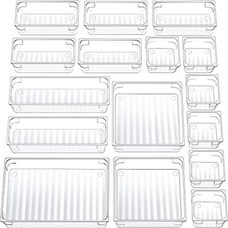 Drawer Organizers Set of 16, Makeup Organizer, Desk Organizer, Plastic Drawer Dividers for Kitchens/Offices/Bedrooms (Clear) (1/5)