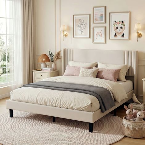 Letto matrimoniale 160x200 cm - Letto per adulti trapuntato in lino con testiera imbottita e rete a doghe - Letto per ragazzi - Beige