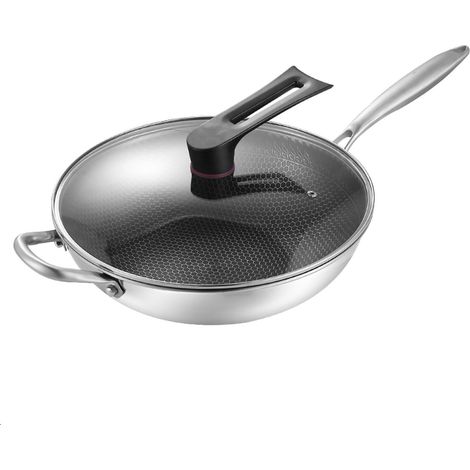 Poêle wok en acier inoxydable 3 couches à nid d'abeille double face, antiadhésif, facile à nettoyer, 32 cm/12,6 pouces avec couvercle et poignées latérales.