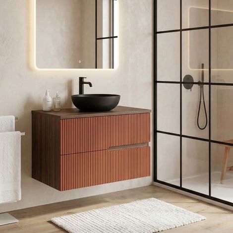 Meuble vasque à poser L.80cm suspendu Chêne Moka 2 tiroirs Brique cannelé EVA - sans colonne