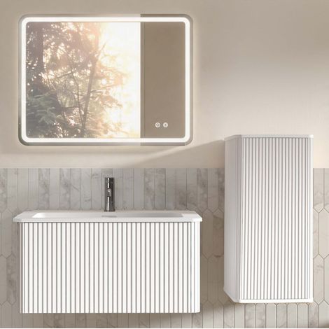 Meuble de salle de bain avec vasque et miroir LED, suspendu, 60 cm, blanc HAVRYA (1/5)