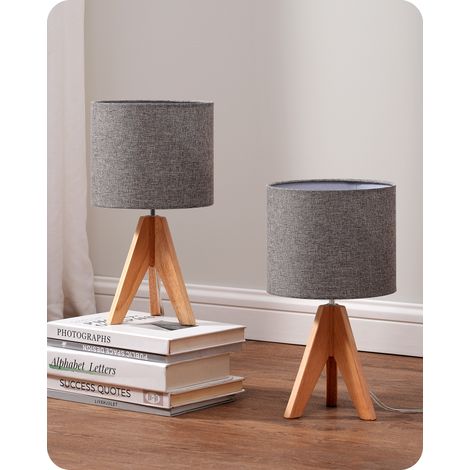 Lot de 2 lampes de chevet E27 – Abat-jour en lin gris – Trépied en bois – Hauteur 36 cm – Design compact pour intérieur