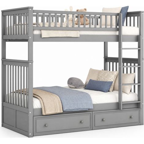 Letto a castello 90x200 cm convertibile in due letti, con 2 cassetti, sponde alte di sicurezza, struttura in pino e MDF grigio per cameretta CHICFURN (1/5)