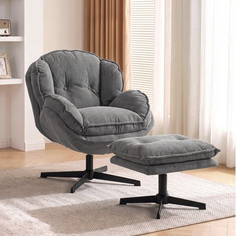 MODFU – Sillón relax giratorio 360° de chenilla con reposapiés regulable, asiento grueso, respaldo de 16 cm y espuma – Gris (1/5)