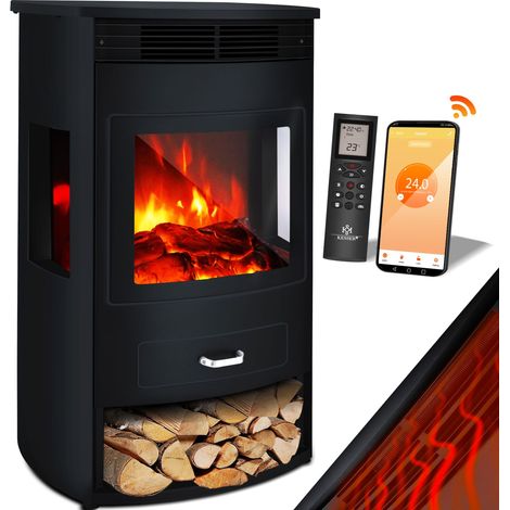 KESSER® Camino elettrico Prio con ventola riscaldatore telecomando WiFi App 950/1900 W Camino elettrico a LED effetto fiamma Camino elettrico  Nero / Xtra-Large