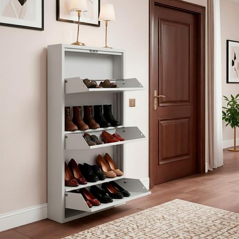 Arreditaly Scarpiera Slim In Metallo 3 Ante A Ribalta Ultra Sottile Salvaspazio Mobile Portascarpe Moderno Ingresso Camera Corridoio 104 x 50 x 15 Cm - Colore: Grigio (1/5)
