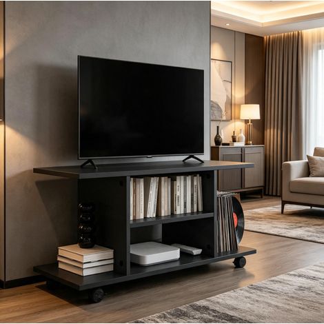 TV-Schrank mit Rollen, 80 x 40 x 40 cm, offene Fächer, schwarz, OKMYHOME (1/5)