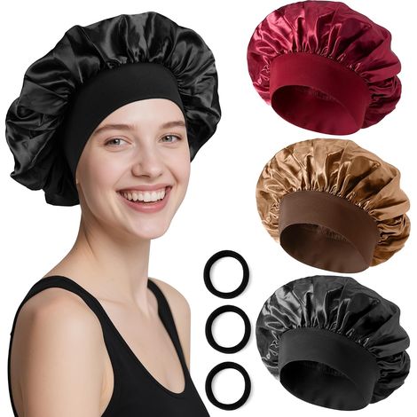 Satin-Nachthaube – 3er-Pack – Weiches Polyester – Haarschutz – Für Damen und Herren – 32 cm (1/5)