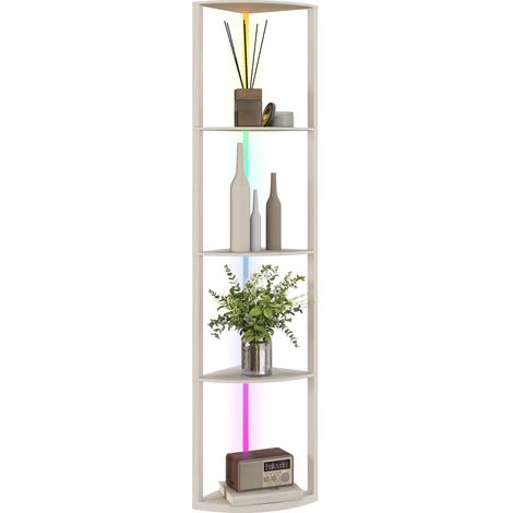 RGB LED Floor Lamp with Shelves, 5-Tier Dimmable Standing Lamp with Adjustable Brightness Remote Control, Modern Corner Display Shelf Unit for Living Room Bedroom Office, Oak (1/5)