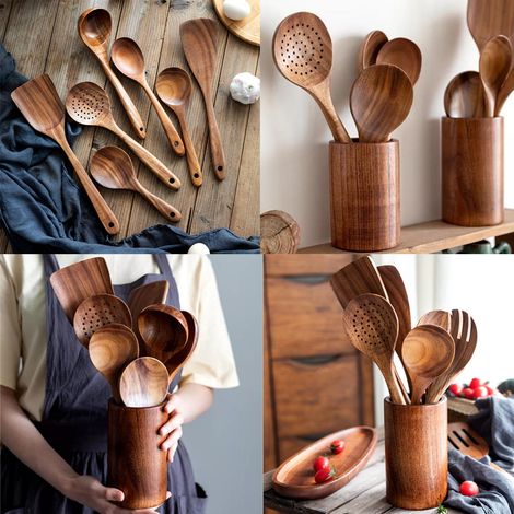 Cuillère En Bois De Teck - Lot De 2 Ustensiles De Cuisine Naturels Non Rayants - Pour Casseroles Antiadhésives - Avec Récipient De Rangement En Bois (1/5)