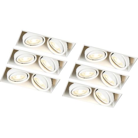 QAZQA Moderno Set de 6 focos empotrables blancos GU10 orientables sin marco 2-luces - Oneon Acero Rectangular Adecuado para LED Max. 2 x 50 Watt