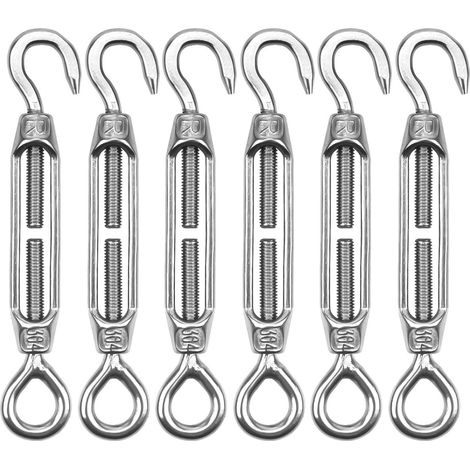 Cable Tensioner, 6 Pieces M4 Stainless Steel 304, Wire Tensioner Cable Steel Rope Hook, Adjustable Hook and Eye for Clothesline, Sun Shade Installation (1/5)
