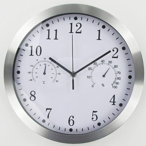 Vtizikl Horloge murale ronde à quartz, horloge murale intérieure silencieuse en aluminium avec thermomètre et hygromètre pour salon, cuisine, bureau (blanc) (1/5)