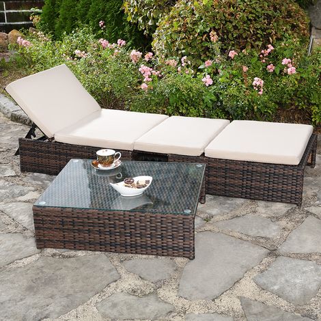 Mucola – Salon de jardin modulable en poly-rotin marron – Ensemble 2 fauteuils, 1 table avec plateau en verre – Coussins hydrofuges amovibles