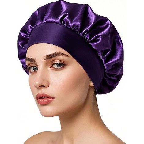 Nachthaube aus Satin, Nachthaube aus Seide, Nachthaube für Frauen mit langem, lockigem Haar (dunkelviolett) (1/5)