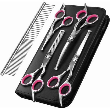 Tijeras para peluquería canina, juego de 5 piezas para el cuidado de mascotas, acero inoxidable, recubierto de titanio, tijeras de entresacar y peine, rectos y curvos, color rosa.