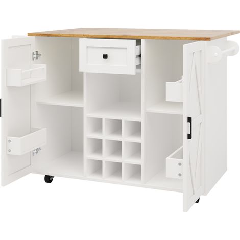 Weiße Kücheninsel mit Holzoptik-Plateau, Klapptisch und großem Stauraum (1/5)