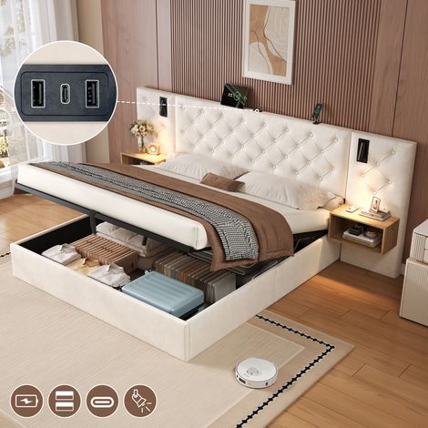 King Upholstered Bed with Charging Station, Velvet Hydraulic Storage Bed with Reading Light, 5ft King Bed Frame with Handmade Button Tufted Wide Headboard and Bedside Storage, Beige (No Mattress)