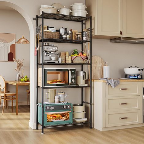 Etagere Rangement Cuisine à 5 Niveaux,Etagere Salle de Bain Rangement,étagère Garage Charge Lourde,Hauteur des étagères réglable avec 4 Crochets,84 x 32 x 182 cm (L x l x H),Noir (1/5)